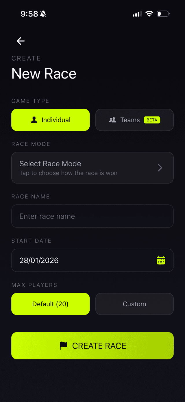 Create New Race screen