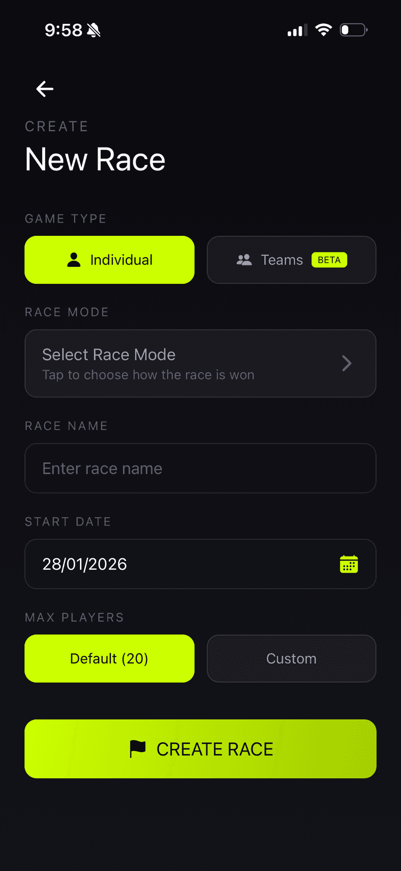 Create New Race screen