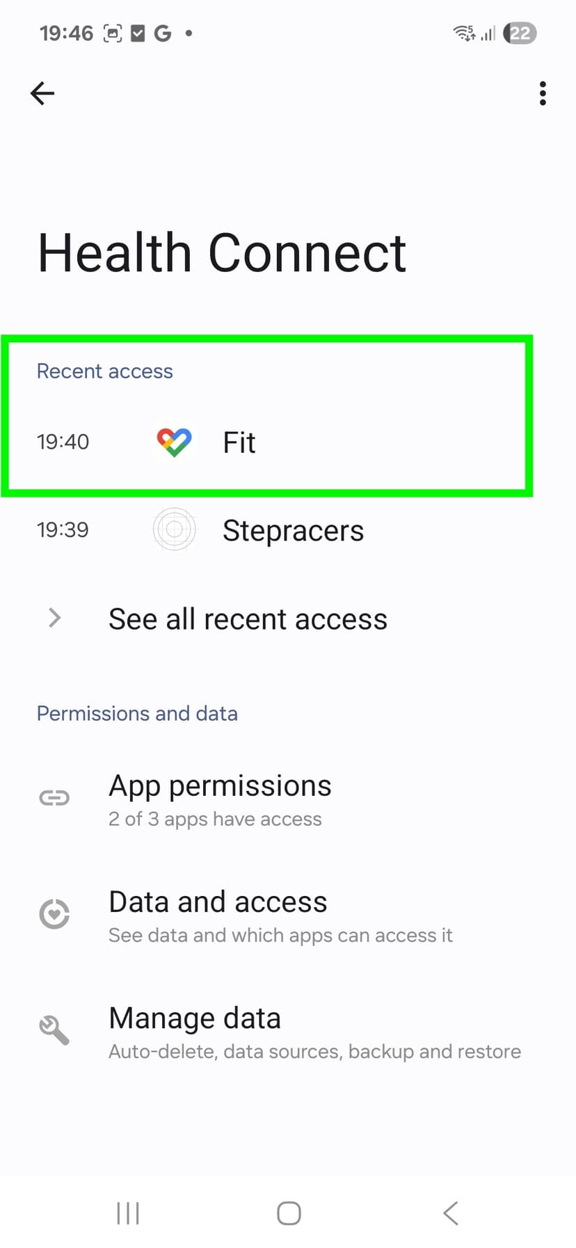 Health Connect main screen showing fitness tracker providers
