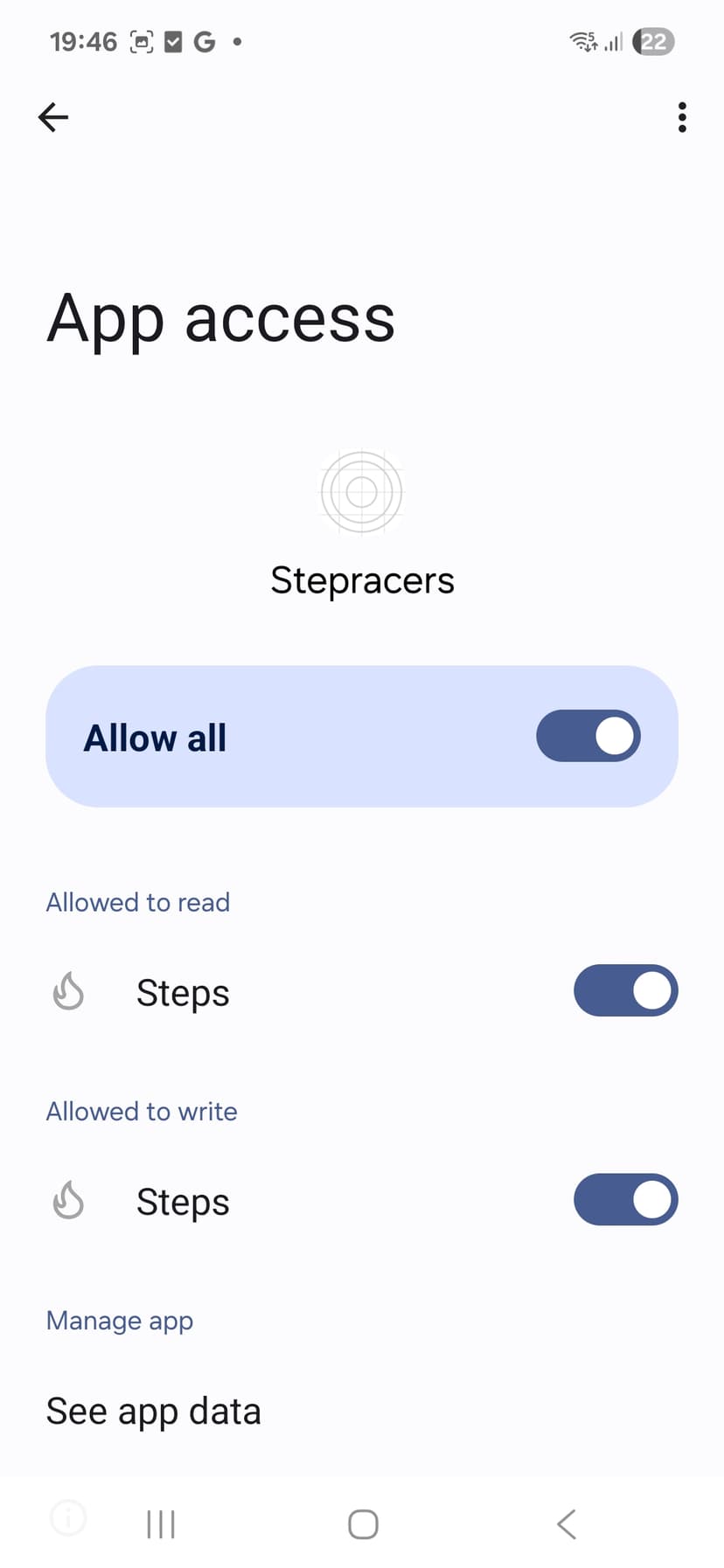 StepRacers app access showing read permissions for steps