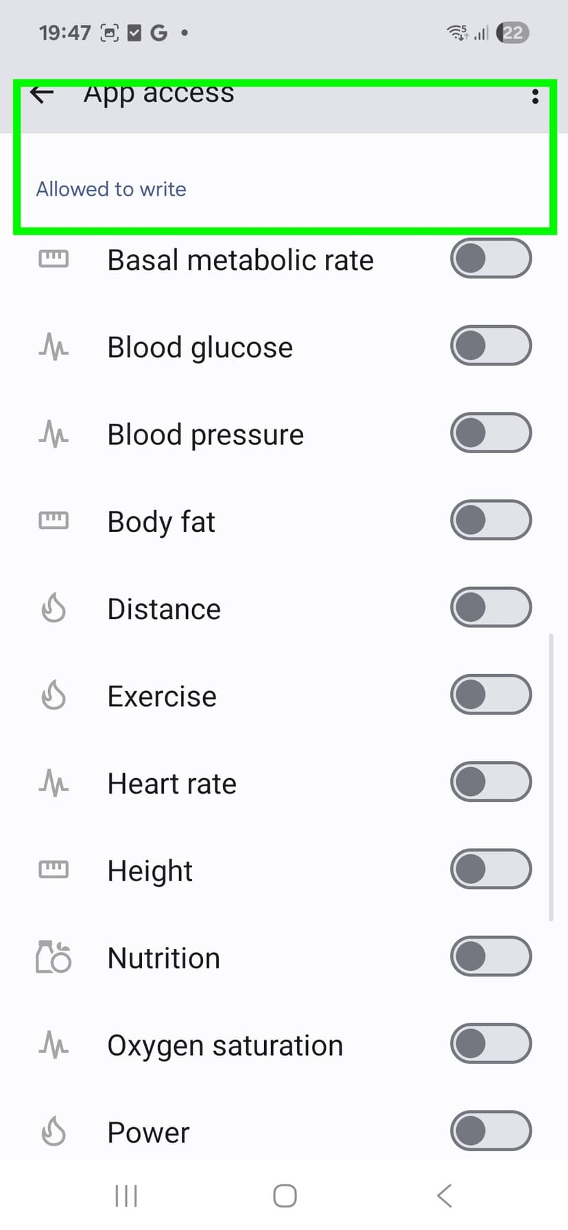 App access screen showing Allowed to write section
